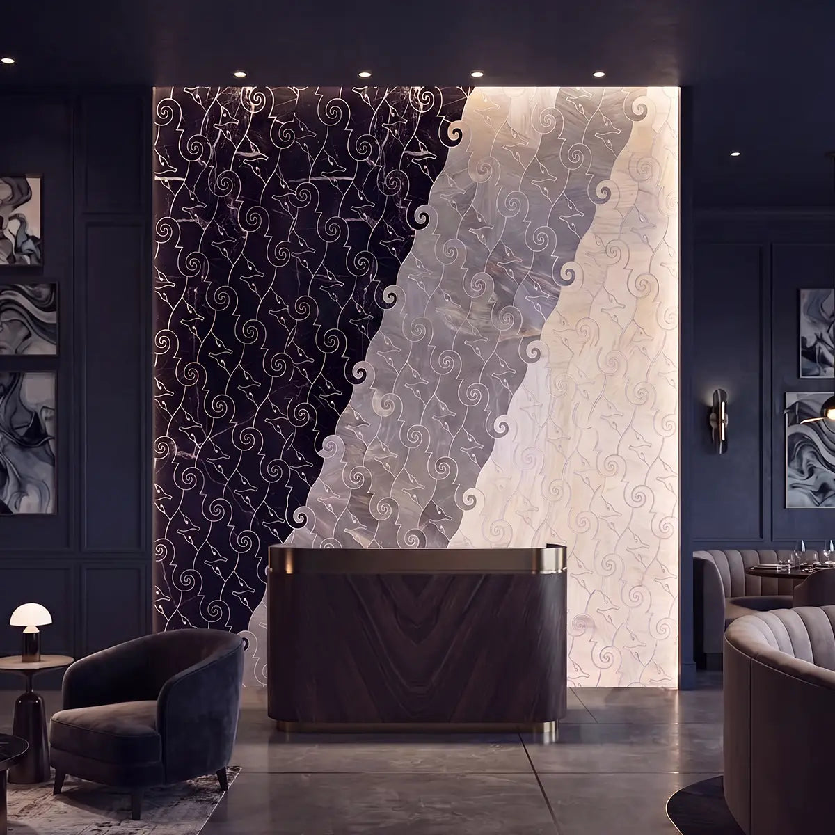 A large decorative wall panel or mural with an abstract diagonal split, shown installed in a modern interior lobby. The left side is very dark navy/black with white swirling line patterns, and the right side is light beige/cream with a similar pattern.
