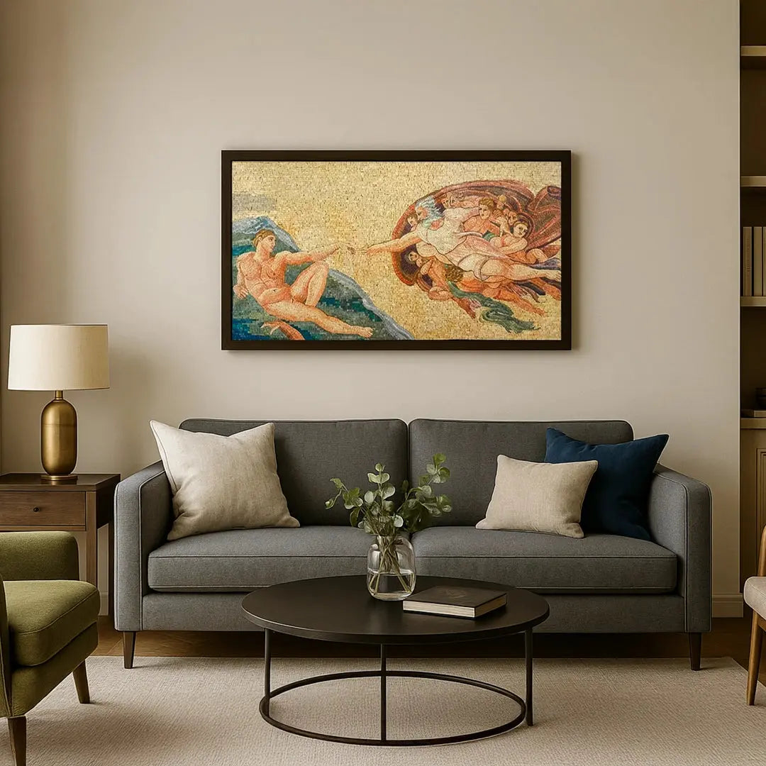 Living room with a gray sofa, round coffee table, and decorative wall art.