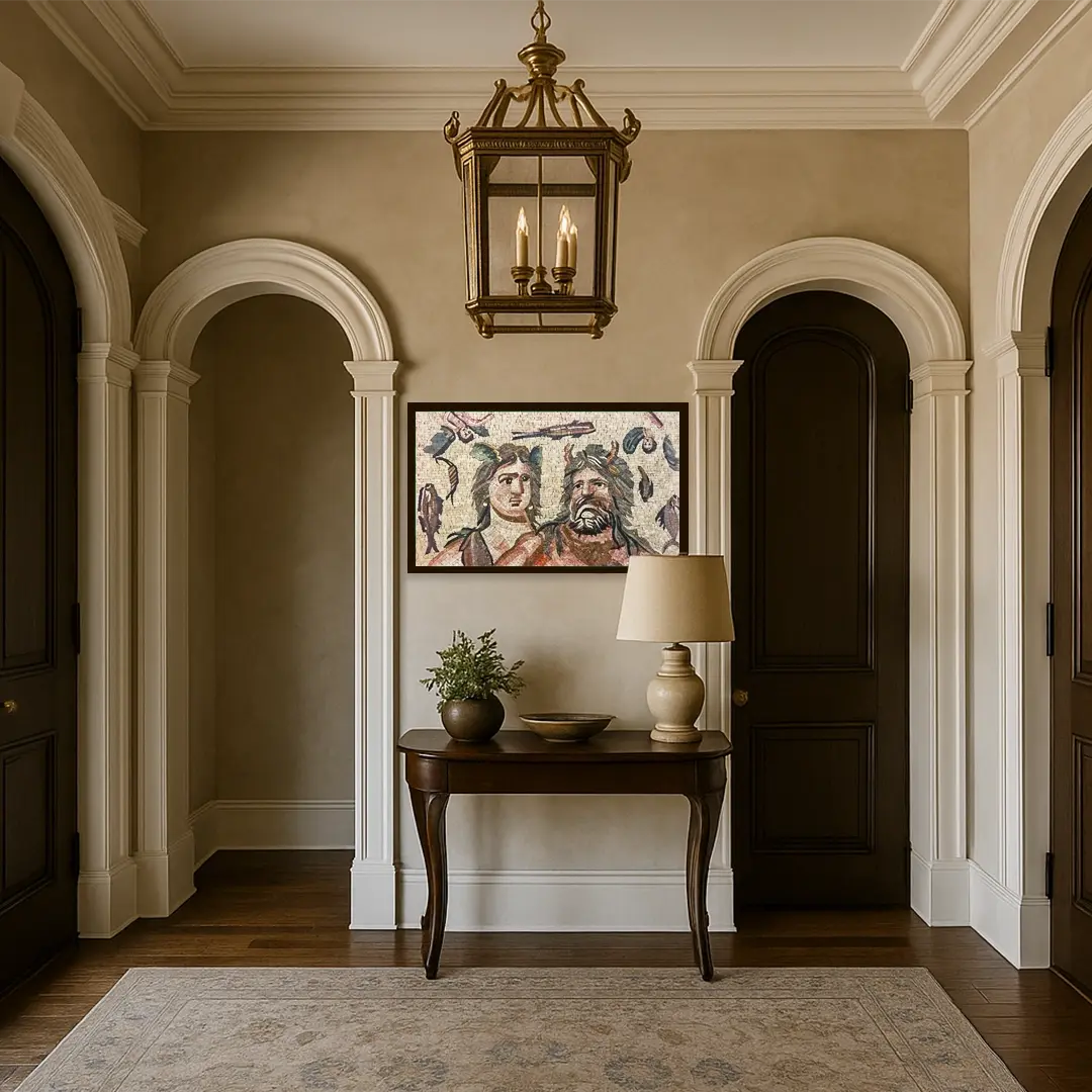 Decorative hallway with a table, lamp, and framed artwork on a wall.