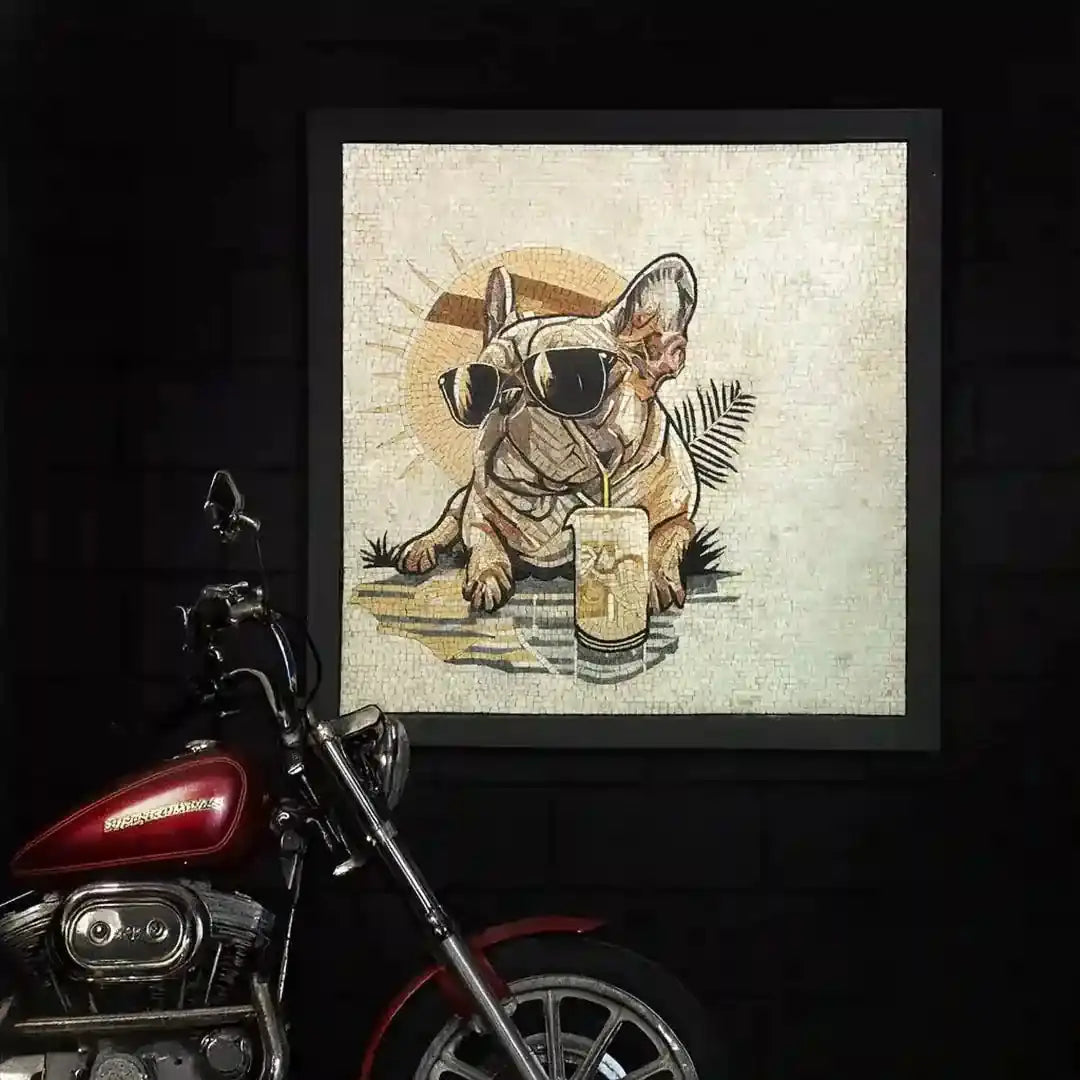 Framed artwork of a dog with sunglasses and a drink, next to a motorcycle