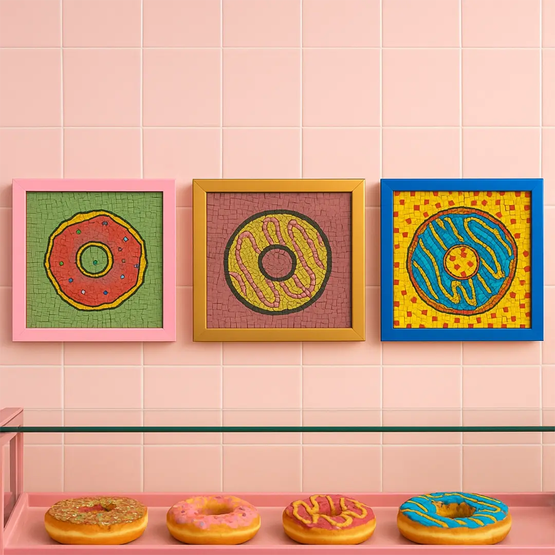 Three colorful framed artworks of donuts on a pink tiled wall.