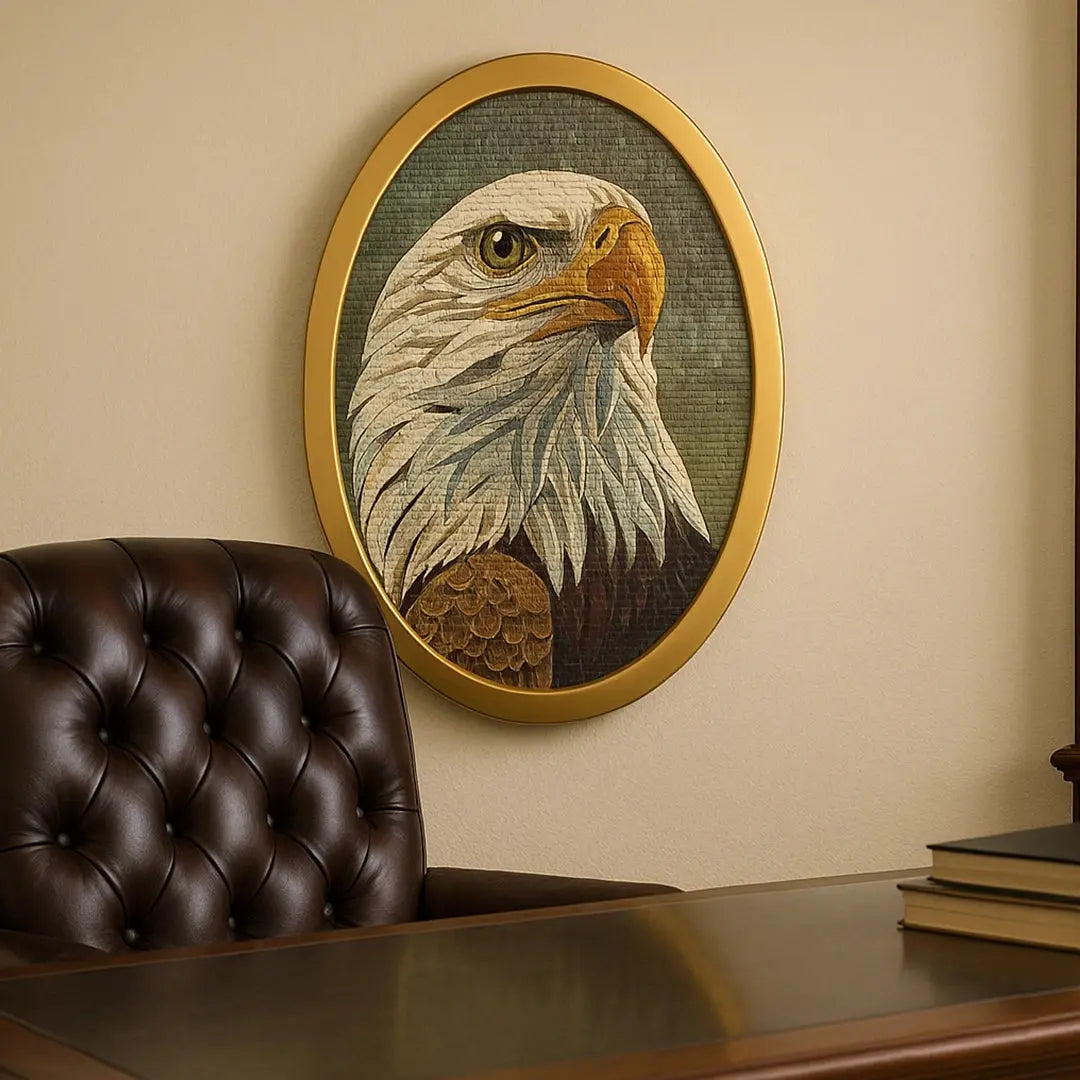 Decorative wall art of an eagle in a gold frame above a desk with a leather chair.