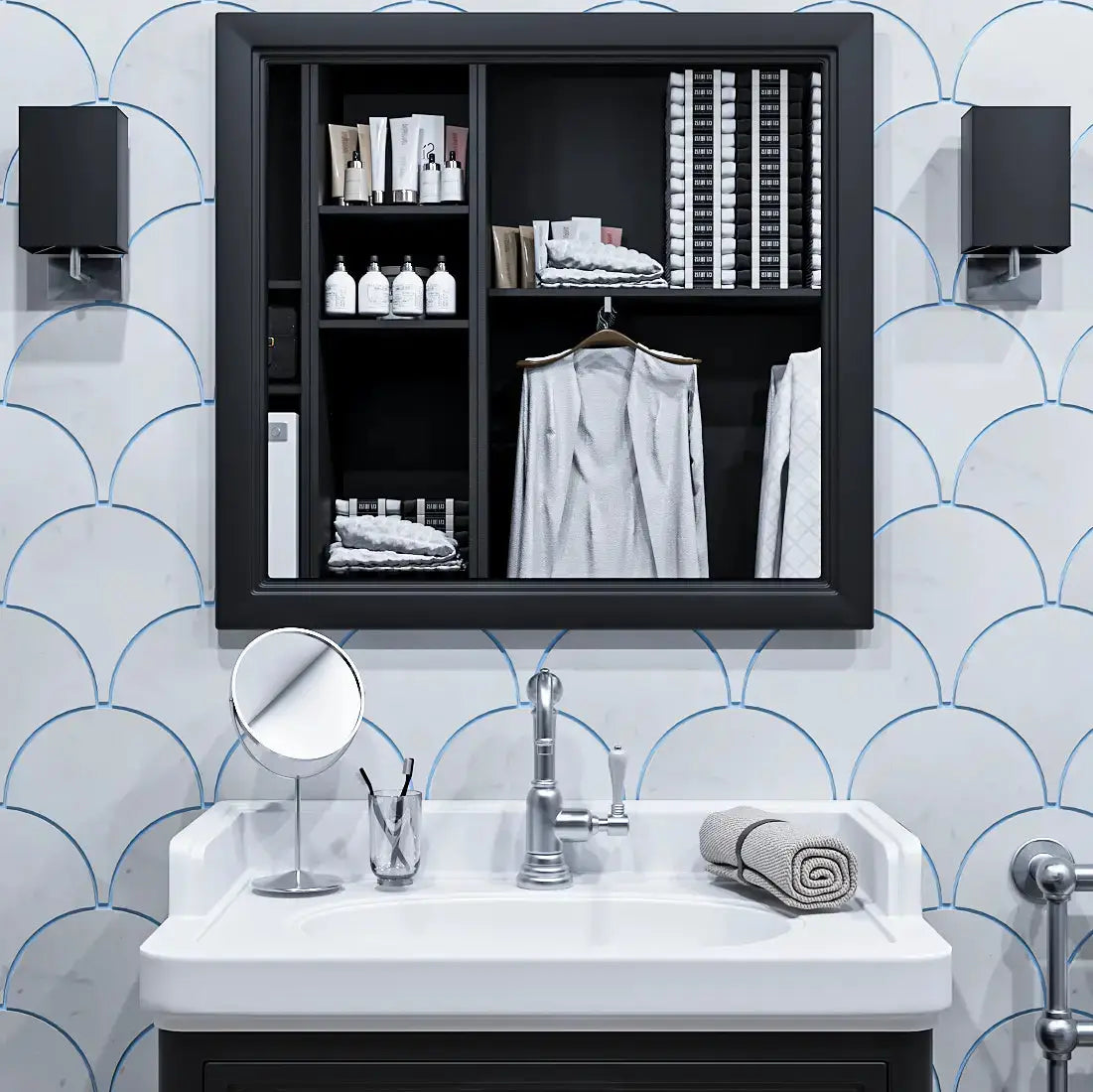Ebisu marble mosaic tile detail view showcasing the fish-scale patterned wall installation behind a classic white bathroom sink and black cabinetry.