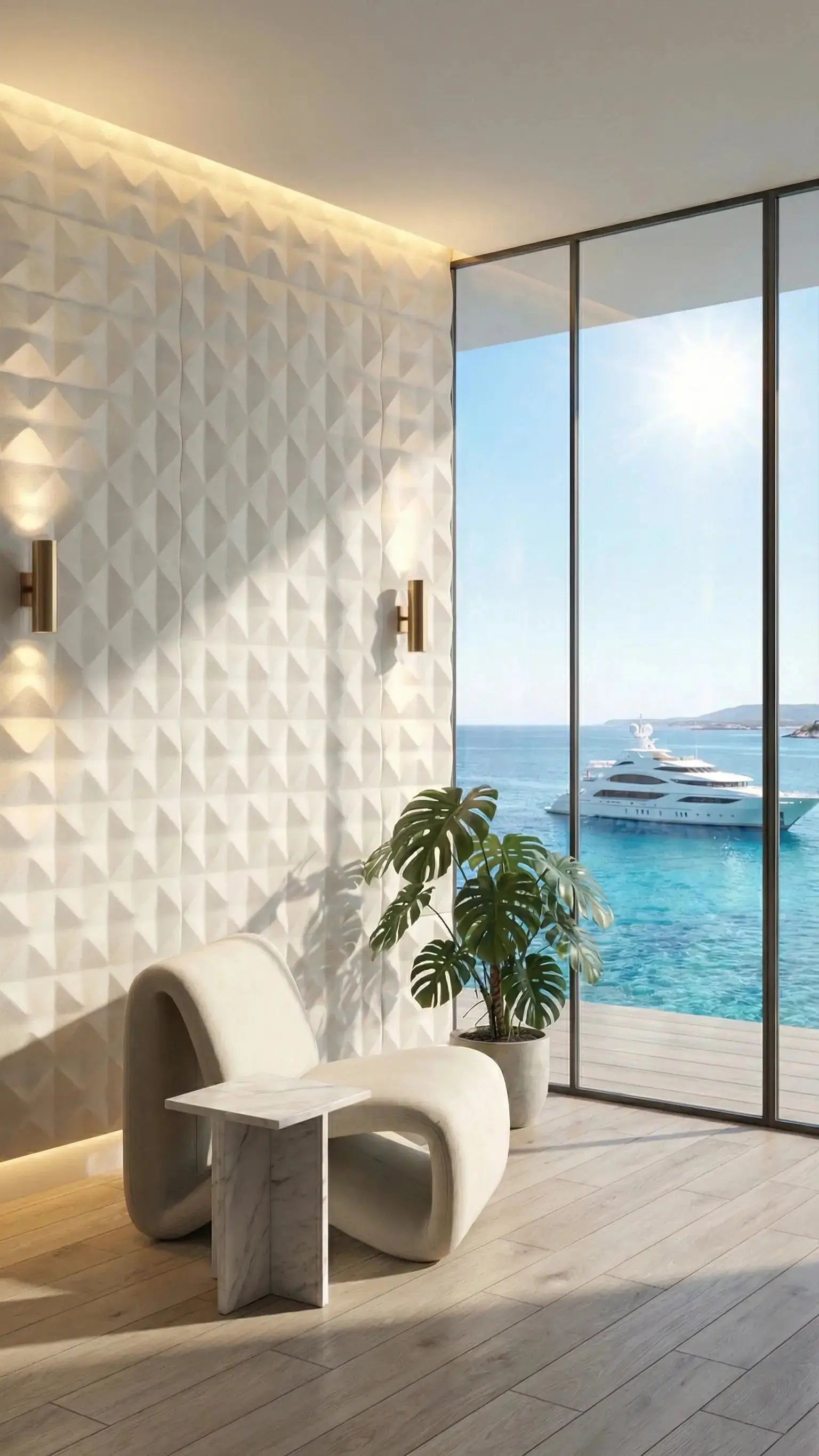 Modern interior with geometric wall tiles, a white chair, and a view of a yacht through large windows. 3d wall panel pisos y paredes
azulejo universal
colocación de azulejos
centro de azulejos
azulejo de calidad