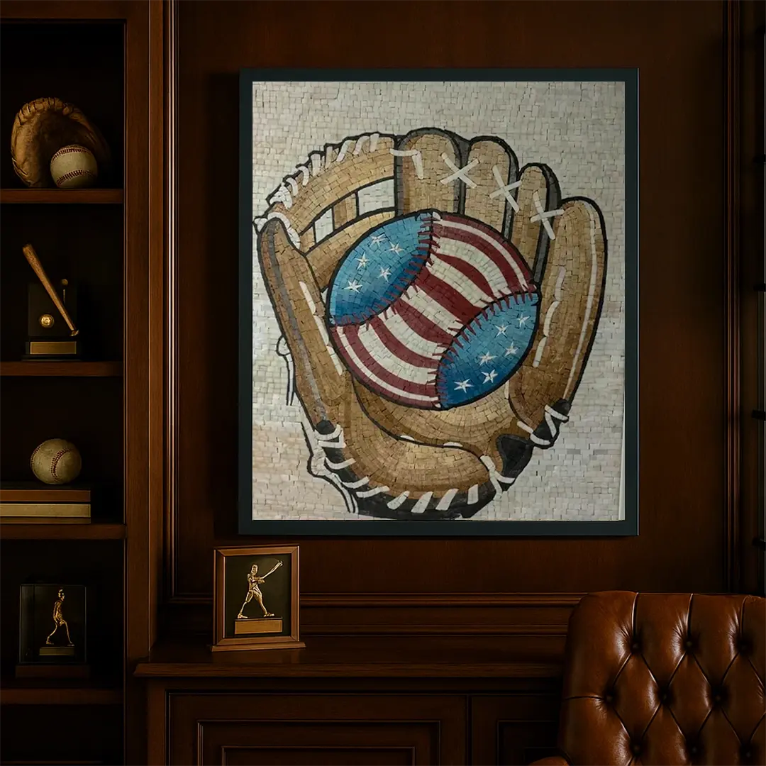 Framed mosaic artwork of a baseball glove with an American flag inside, displayed on a wall.