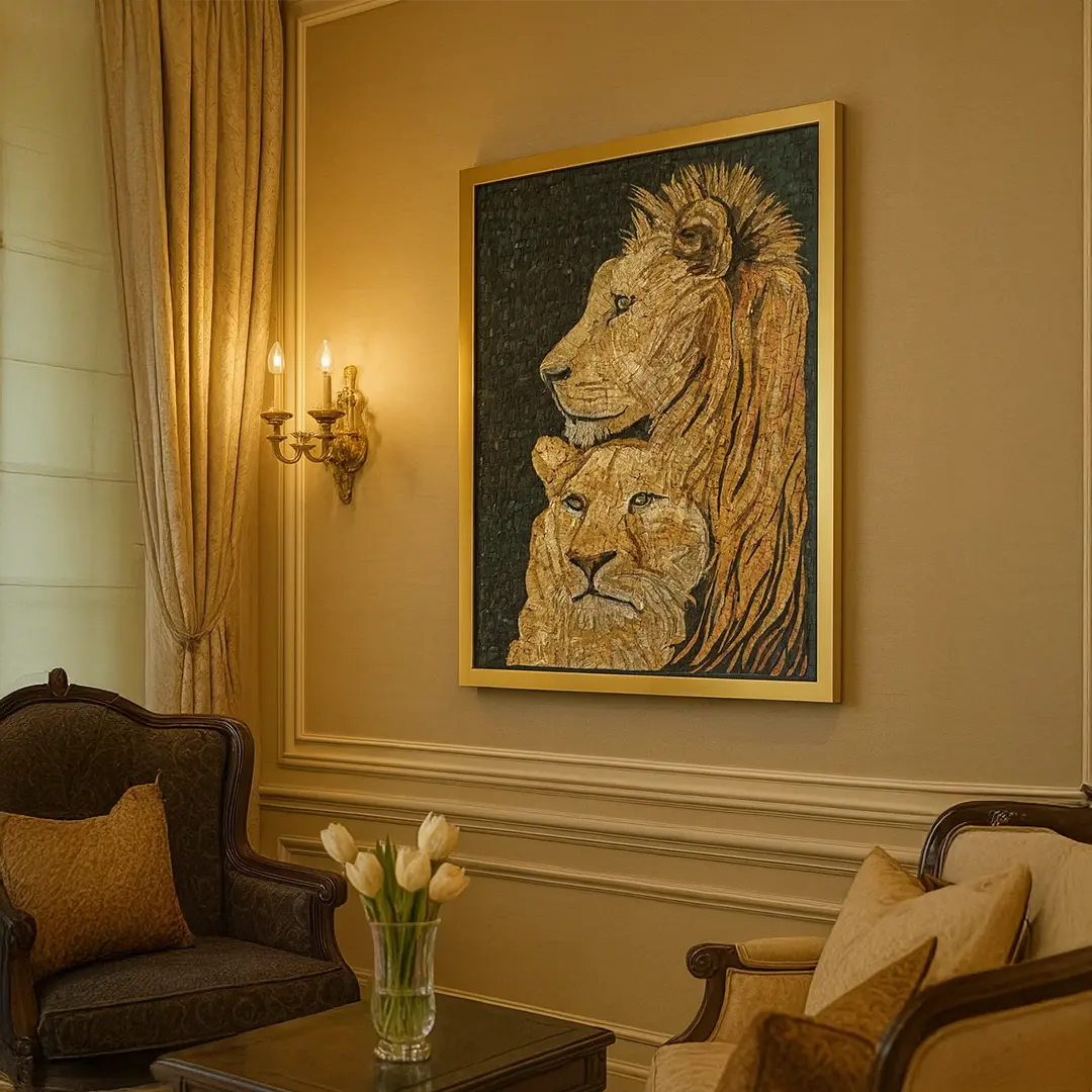 Living room with a large framed artwork of two lions on the wall, a brown armchair, and a coffee table with flowers.