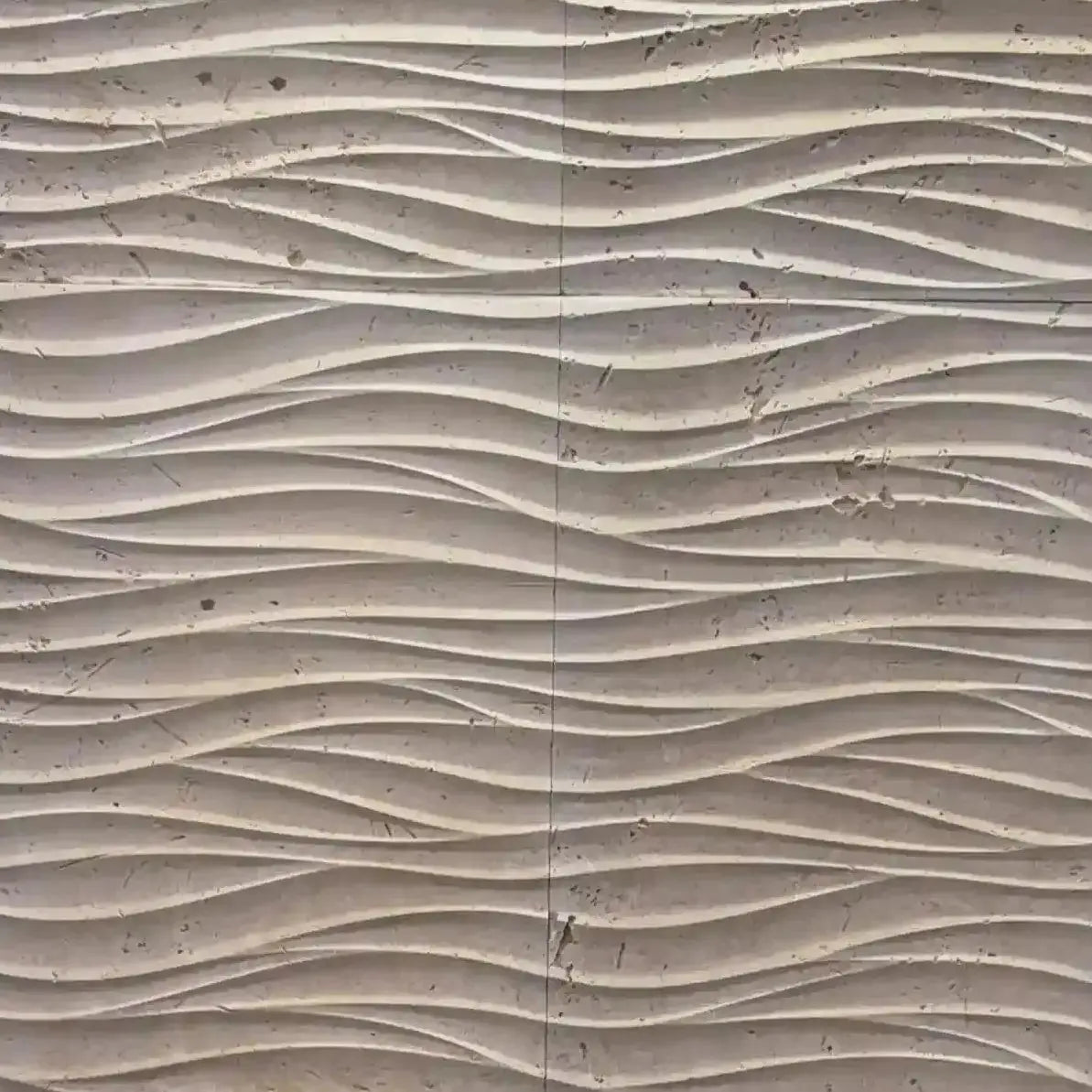 Medea natural stone 3D wall panel featuring fluid, horizontal wavy ridges with organic texture and subtle natural pores in a warm beige or travertine-like finish.