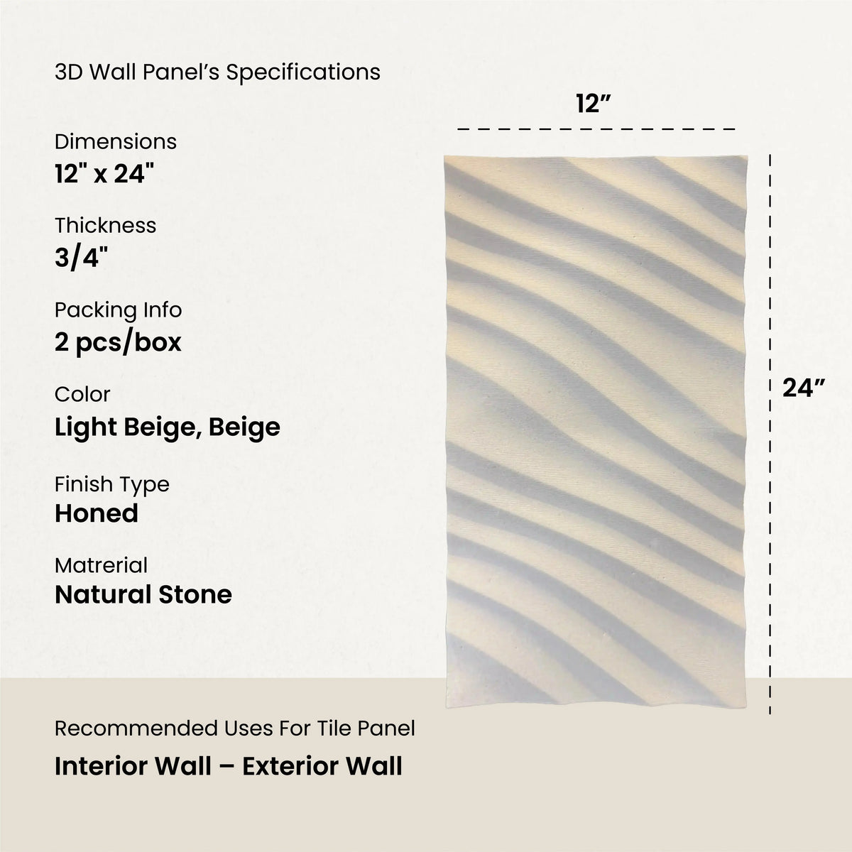 Naunet natural stone 3D wall tile specifications infographic displaying dimensions of 12 by 24 inches, 3/4 inch thickness, light beige and beige color options, honed finish, and recommended uses for interior and exterior walls.