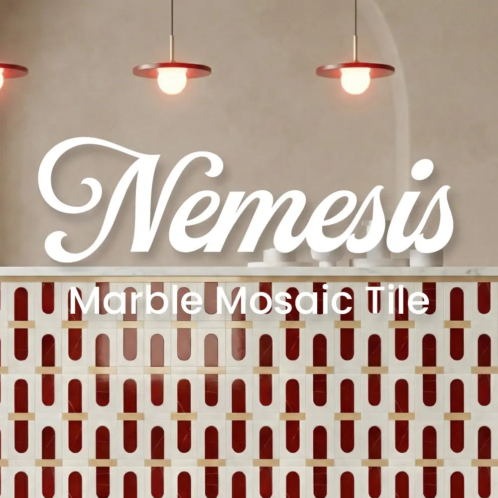 Marble mosaic tile design with 'Nemesis' branding and red and white pattern.  colocación de azulejos
centro de azulejos
azulejo de calidad
la tienda de azulejos cerca de mí
