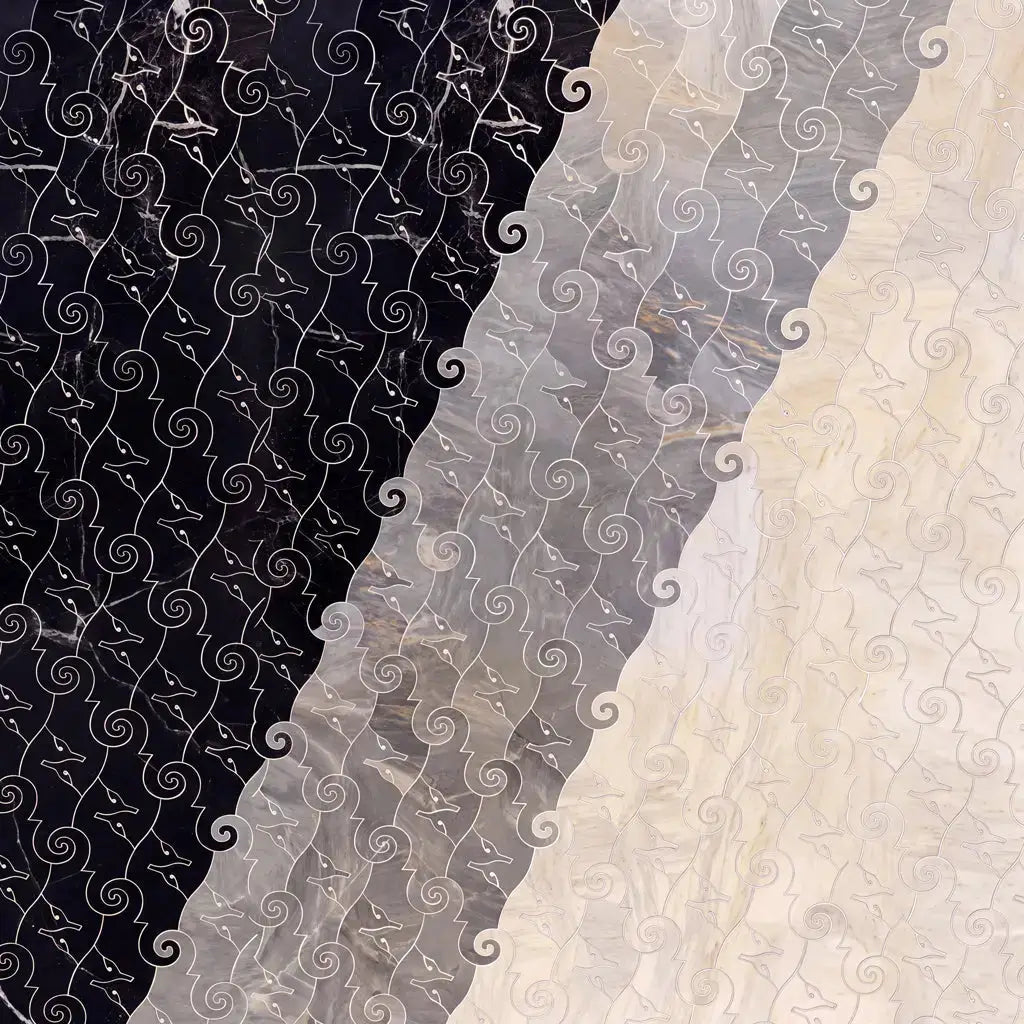 Seahorse natural stone mosaic tile arrangement featuring an intricate repeating pattern of stylized seahorse motifs across diagonal bands of black, grey, and cream marble.