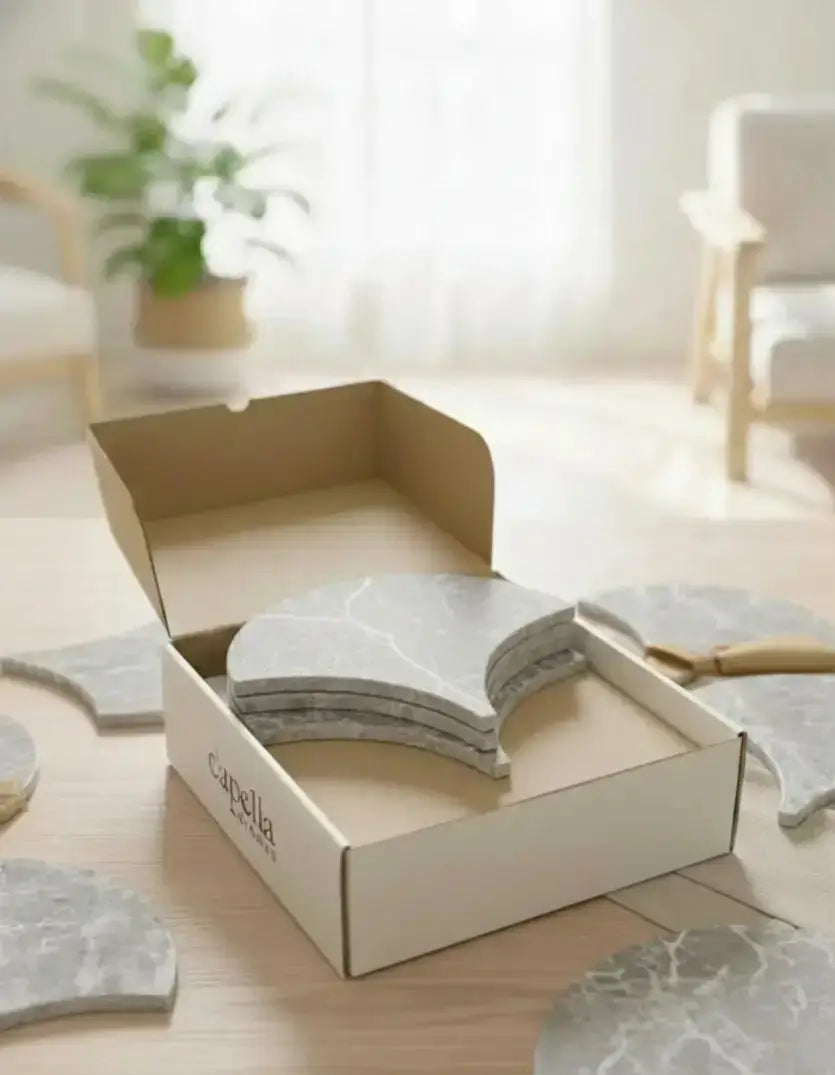 Marble-patterned tiles with a box labeled 'capelle' on a wooden floor. marble market
marble factory
raw marble
most expensive marble in the world
the marble shop
marble place
marble worktops