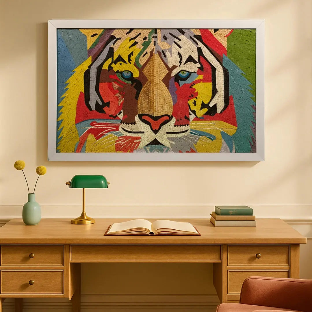Colorful abstract tiger artwork on a wall above a wooden desk with books and a lamp.