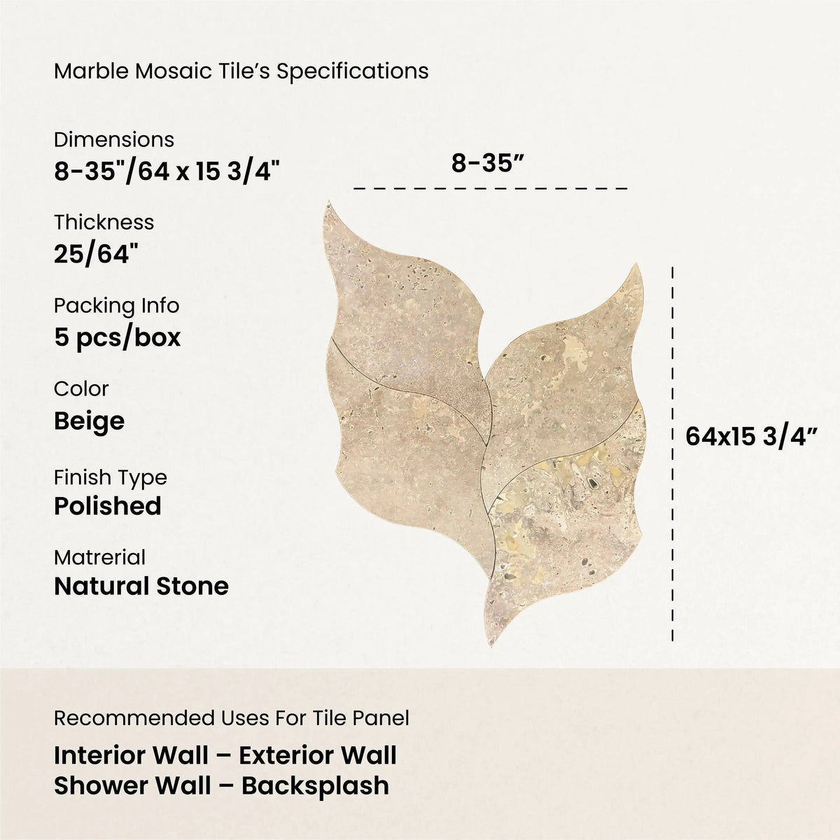 Gaia natural stone marble mosaic tile specification sheet detailing its beige color, polished finish, 25/64" thickness, 5 pcs/box packing info, and recommended applications for interior walls, exterior walls, shower walls, and backsplashes.
